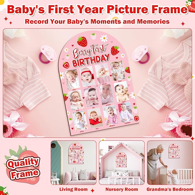 R HORSE 3D Berry First Birthday Wood Photo Display Board, Pink Strawberry Baby's First Year Picture Frame, 1-12 Months Milestone Board Birthday Decorations Keepsake Gift for Baby Girls Nursery Decor