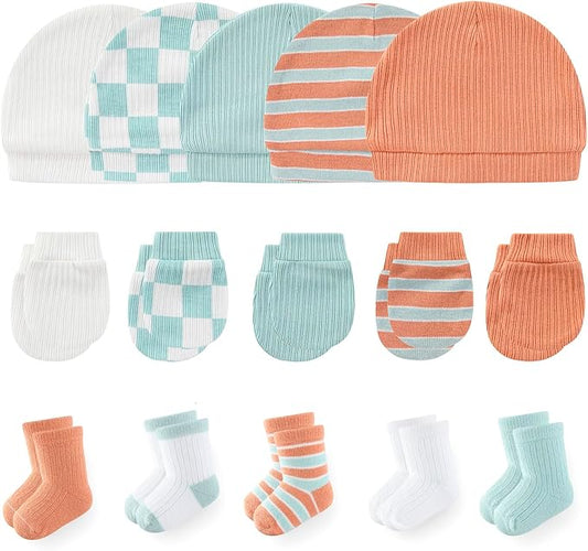 Newborn Baby Boy Girl Caps Mittens Socks Set Cotton Baby Essentials Accessories (Hats+Gloves+Socks)