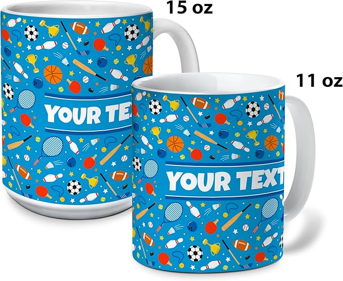 Personalized Mug for Kids - Sports - Custom Name/Text, Ceramic Hot Chocolate/Cocoa/Coffee Cup for Boys/Girls, Birthday/Christmas/Holiday Gift - 11 oz, Light Blue Handle