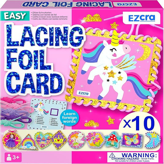 Premium Foil Edge Lacing Cards for Kids Ages 3-6 | 10 Double-Sided Unicorn and Fairy Sewing Cards with Multilingual Learning | Durable Cardboard Fine Motor Skills Activity Kit