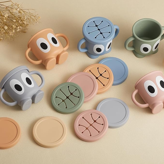 Silicone Snack Cups Food Container for Toddlers and Babies, Spill Proof Training Cup with Snack Cup Lid & Dust Proof Lid, Comes with a toy strap, Without BPA, Lead, or Phthalates (Pink)