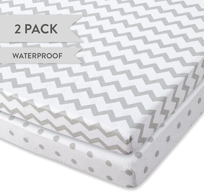 Ely's & Co. Kid's Waterproof Pack n Play Portable Mini Crib Sheet with Mattress Pad Cover Protection, White and Grey Chevron and Polka Dots (2 Pack)