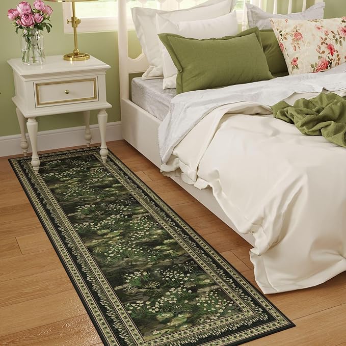 2x6 Runner Rug Impressionist-Style Vintage Kitchen Rugs Non Slip Washable Soft Carpet Runner for Kitchen Laundry Bedroom Bathroom, Green