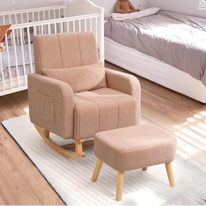 Rocking Chair with Ottoman, Upholstered Glider Rocker with High Backrest and Side Pocket, Comfy Reading Chair with Solid Wood Legs for Nursery, Living Room,Bedroom Coffee