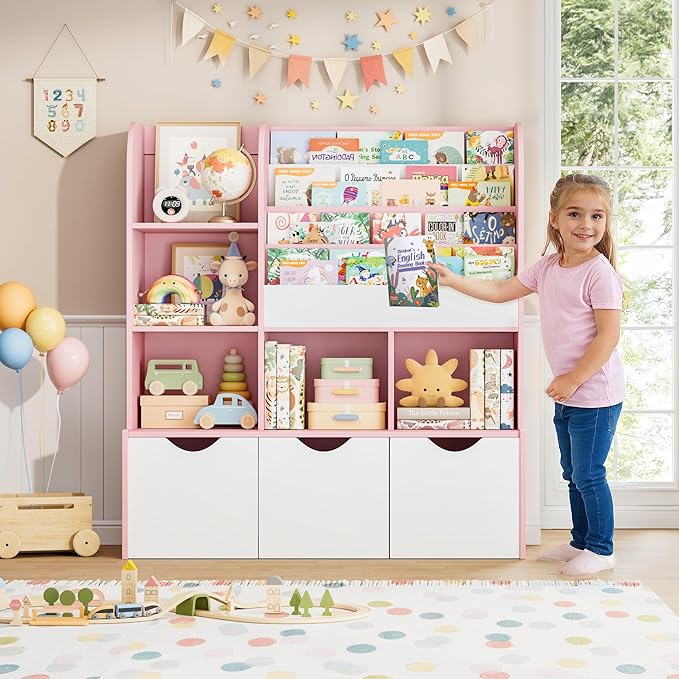 FOTOSOK 47'' Kids Bookcase and Bookshelf, Multifunctional Bookcase with 5 Storage Cubbies and 3 Movable Drawers, Toy Storager Display Stand, Toy Storage Organizer for Bedroom, Playroom, Hallway, Pink