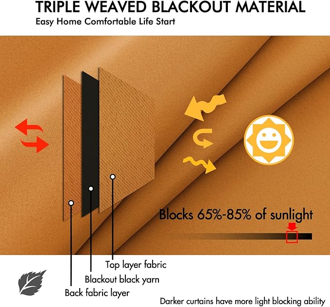 ANRODUO Back Tab Blackout Curtains for Bedroom Living Room, Rod Pocket Pinch Pleated Thermal Insulated Room Darkening Curtains 84 Inches Long 2 Panels, Mustard Yellow, 42 x 84 Inch