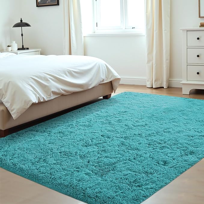 4x6 Area Rug for Living Room: Fluffy Shag Soft Washable Rugs Fuzzy Plush Indoor Carpet for Bedroom Nursery Playroom Dorm Kids Girls Boys Room (Teal Blue, 4'x6')