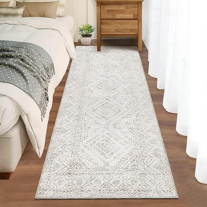 COZYLOOM Runner Rug 2x6 Living Room Washable Rugs Stain Resistant for Bedroom Soft Floor Carpet Non Slip Distressed Geometric Carpet for Dining Room Laundry Room Office, Ivory
