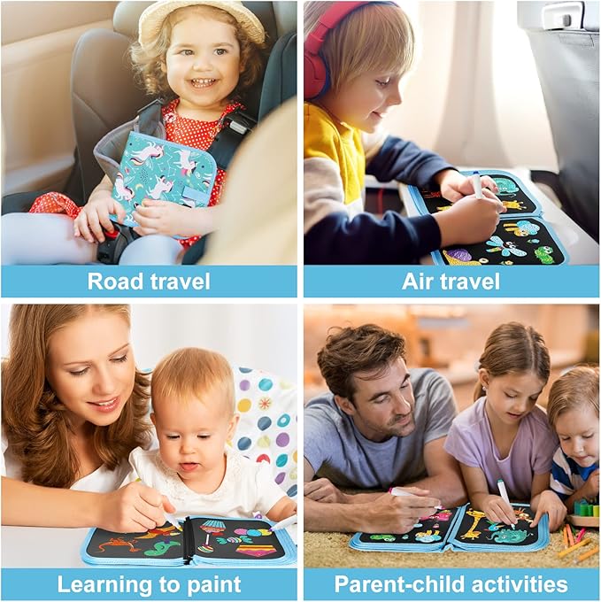 Erasable Doodle Set for Kids - Magic Drawing Book With 12 Watercolor Pens, 14 Page Reusable Drawing, Road Trip Car Game Writing Painting Set for Boys and Girls