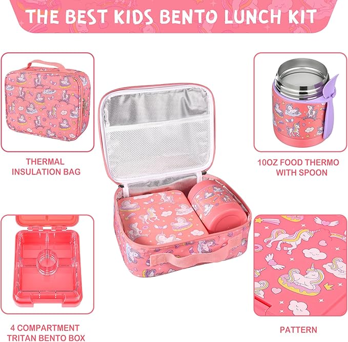 Bento Lunch Box Set With 10oz Soup Thermo, Leak-proof Lunch Containers with 4 Compartment, Kids Hot Thermo Food Jar/Insulation Lunch Bag, Food Containers for School
