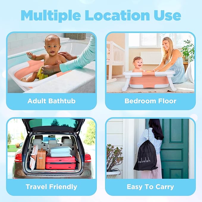 BEBELEH™ Collapsible Baby Bathtub with Thermometer – Bathtub + Baby tub Sling + Newborn Sling – Baby Bathtub Newborn to Toddler 0-24 Months – The Ultimate Baby Bath tub! (with Thermometer,Pink)