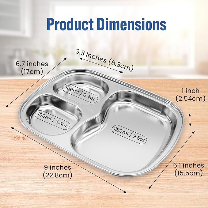 Korean Stainless Steel Divided Plates, Kids Toddlers Babies Tray, BPA Free, Diet Food Control, Camping Dishes, Compact Serving Platter, Dinner Snack, 3 Compartment Plate Silver, Set of 2