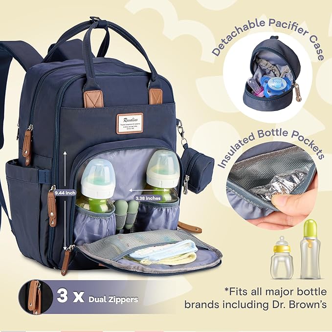RUVALINO Diaper Bag Backpack, Multifunction Travel Back Pack Maternity Baby Changing Bags, Diaper Changing Totes, Waterproof and Stylish, Navy Blue