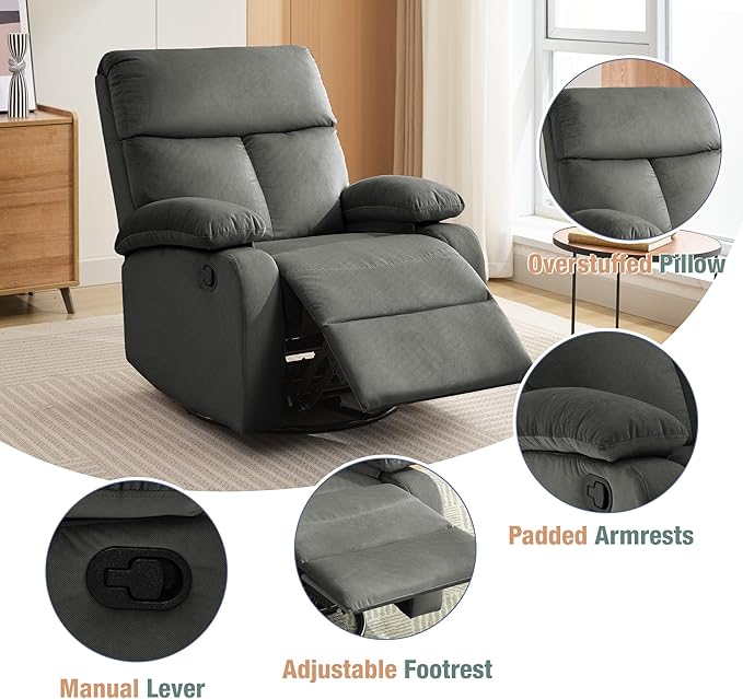 Swivel Rocker Recliner for Adults, Rocking Small Recliner Chair for Small Spaces, Glider-Nursery Rocking Chair for Living Room, RV, Nursery, Bedroom, Grey