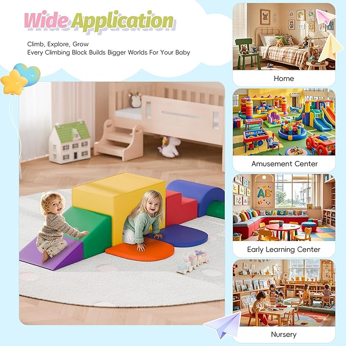 ‌Soft Climbing Toys for Toddlers, 7-Piece Baby Soft Foam Climbing Blocks, PU Leather Gym Climb and Crawl Activity Play Set, Indoor Climbing Toys for Kids and Children, Classic