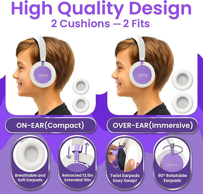 Puro Sound Labs BT2200 Plus Kids Bluetooth Headphones – Volume-Limiting 85dB, Studio-Grade Audio, Over-Ear & Comfy Design, 20-Hour Battery Life, Easy to Connect Wireless Headphones for Kids, Purple