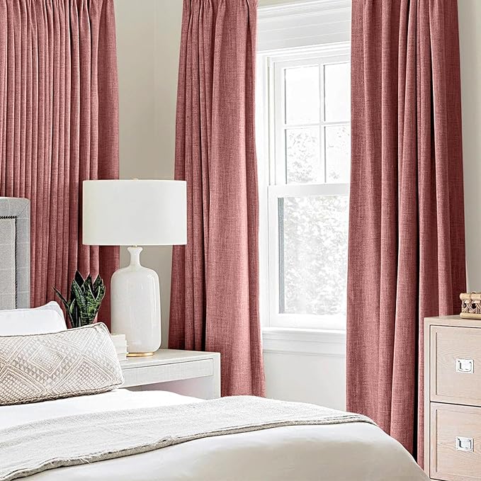 MIULEE 100% Blackout Linen Textured Curtains for Bedroom Solid Thermal Insulated Dusty Rose Grommet Room Darkening Curtains & Drapes Luxury Decor for Living Room Nursery 52 x 120 Inch (2 Panels)