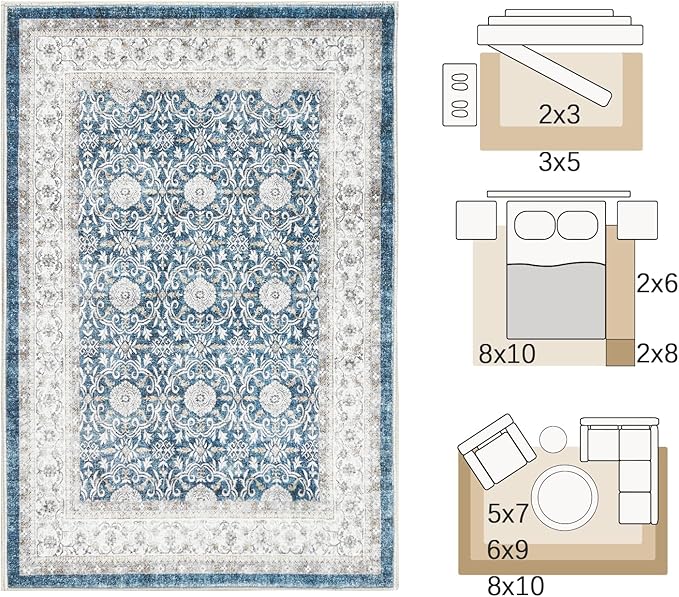 jinchan Floral Area Rugs 4x6 Machine Washable Vintage Distressed Boho Design Throw Rug Stain Resistant Carpet Low Pile Ultra-Thin Non-Slip for Bedroom Living Room Dining Room Kitchen(4‘x6',Drak Blue)