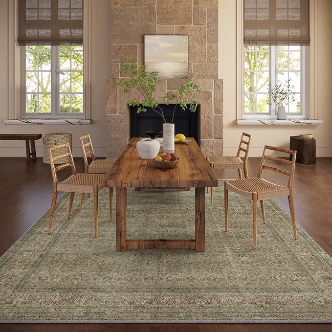 Washable Area Rugs for Living Room: 6x9 Bedroom Rug Boho Vintage Rugs Stain Resistant Non Slip Low Pile Lightweight Soft Carpets for Dining Room Kitchen Nursery Kids Room Farmhouse Living Room