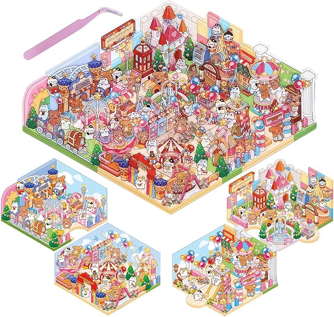 DIY 3D House Stickers, Cute 3D Cartoon Scene for Adult Kids Relief Stress Pass The Time,Cute Make Your Own House Stickers for Gifts Paint by Sticker.(4 Set)