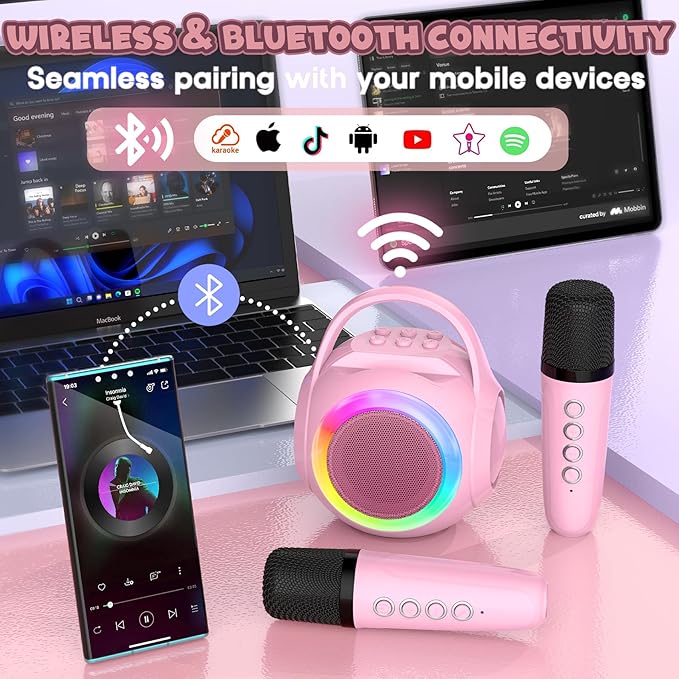 Hockvill Mini Karaoke Machine for Kids with 2 Microphones, Bluetooth Toddler Karaoke Toy with LED Lights, Rechargeable Portable Speaker for Girls & Boys Ages 3-10, Children’s Day & Birthday Gift Ideas