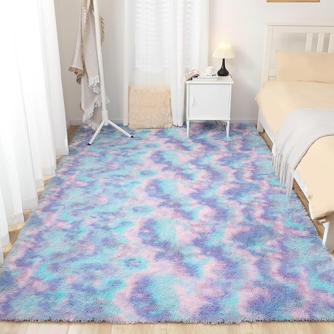 Rainbow Rug for Girls Room, 9x12 Fluffy Area Rugs for Bedroom, Colorful Kids Rug Cute Anti-Skid Indoor Carpet for Nursery, Living Room, Playroom, Home Decor