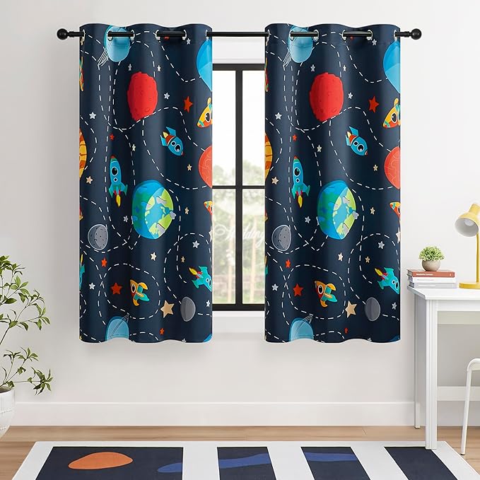 Kids Space Themed Blackout Curtains - 2 Panels, Each W42×L54, 100% Blackout, Perfect for Bedroom and Nursery, Energy Saving with Vibrant Cosmos Patterns