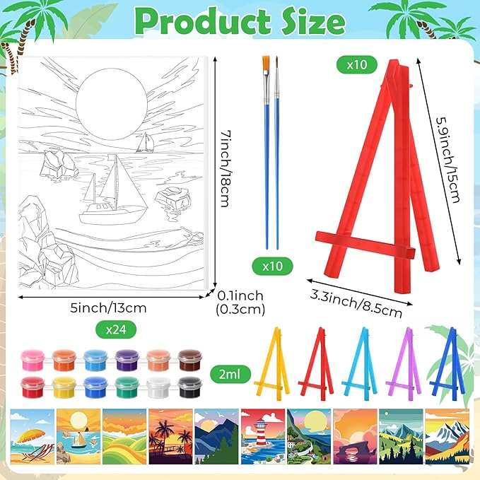 Blosssound 10 Set Pre Printed Canvas Pre Drawn Canvas Painting with Easel Kits 5" x 7" Outline Painting Panels for Beginners, DIY Craft Project, Party Favor, Home Decors(Summer)