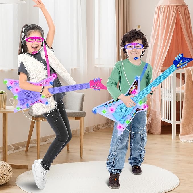 Guitar and Microphone Play Set with Glasses,Music Toys with Music&Light,Kids Karaoke Machine,Music Instruments for Toddlers,Girls,Perschool Educational Toys Gift for Children