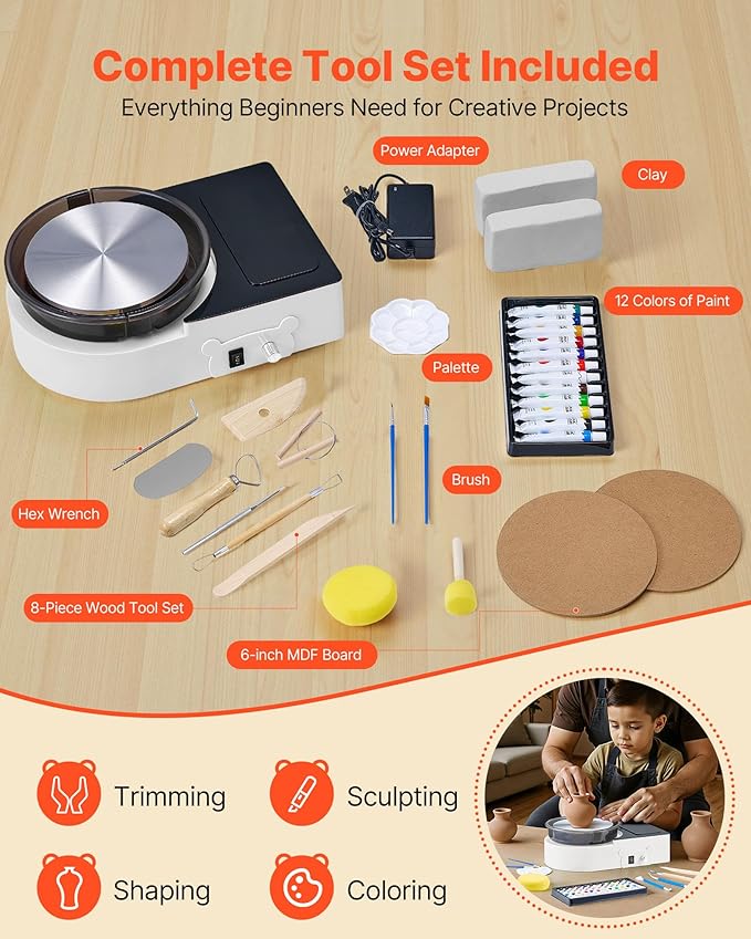 VEVOR Mini Pottery Wheel For Kids and Beginners, 6” Turntable, Two-way Rotation, Adjustable Speed, Complete Pottery Set with Clay Art Supplies Sculpting Tools, Craft Gifts for Kids Teens Adults, White