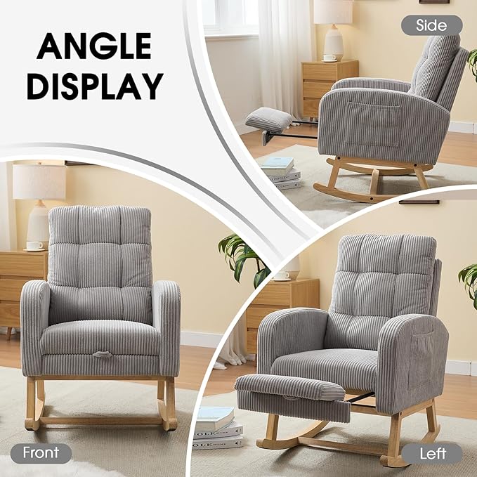 NIOIIKIT Nursery Rocking Chair, Corduroy Upholstered Rocking Chair with Adjustable Footrest, Tufted Rocker Chair with Side Pocket, Glider Rocker for Living Room, Bedroom (Gray Retro)