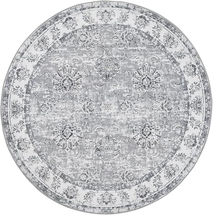jinchan Round Rug 8ft Area Rug - Grey Vintage Floor Mat Kitchen Indoor Ultra-Thin Soft Floral Print - Washable Circle 8' Retro Accent for Farmhouse Non Slip Dining Room Living Room Bedroom Office