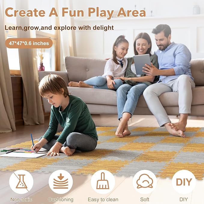 Skyweaver 36 Tiles Soft Non-Toxic Baby Play Mat for Floor EVA Foam Jigsaw Puzzle Play Mat, Interlocking Squares with 0.6inch for Babies, Toddlers & Kids Gym, Nursery, Playroom, Gray