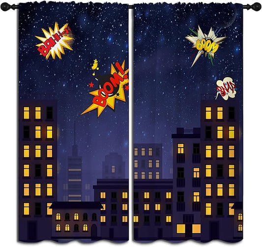 Super Hero Rod Pocket Blackout Curtains for Boy Girl Bedroom, Exploding City Starry Cartoon Skyline Home Energy Efficient Light Filtering Window Curtain for Living Room, 84x84 inch