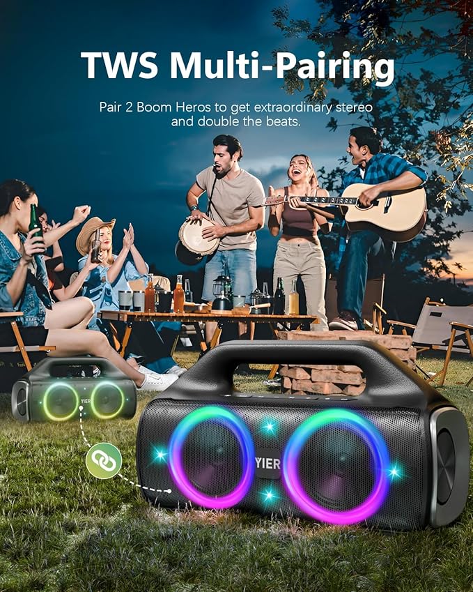 Speakers, 80w (Peak) Portable Wireless Speaker with Lights, Stereo Loud Sound, IP67 Waterproof, Deep Bass Outdoor Speakers Bluetooth 5.0 Dual Pairing for Home Party Beach Camping, Gifts