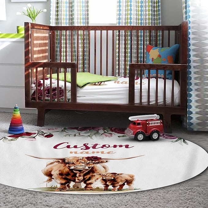 Personalized Nursery Crib Bedding Set: Custom Name 5 Piece Baby Crib Sets with Rose Highland Cow Pattern - Toddler Double Layer Blanket Set, Comfortable Crib Bed Sheets for Baby Grils