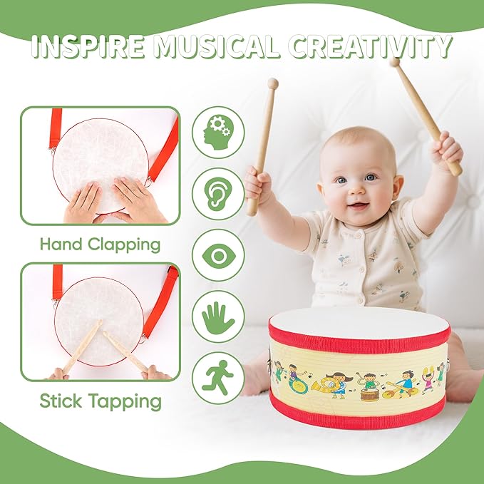 Kids Drum Set with Adjustable Strap: Toddler Musical Instrument for Ages 3-5, Wearable Drum Kit with Drumsticks, Educational Percussion Toy for Rhythm Music Development (Red)