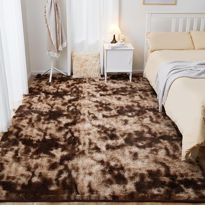 Fluffy Shag Area Rug, 4x5.8 Tie-Dyed Brown Rugs for Bedroom, Soft Plush Area Rugs for Living Room, Non-Slip Indoor Carpet for Nursery, Study Room, Dressing Room, Home Decor
