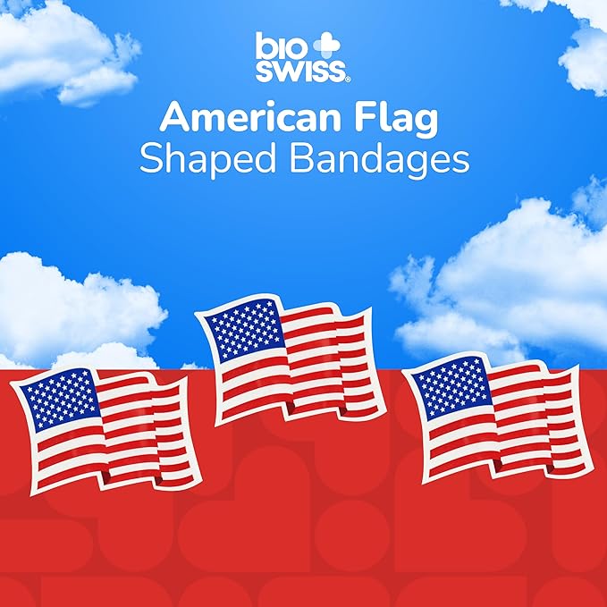 BioSwiss Bandages, American Flag Shaped Self Adhesive Bandage, Latex Free Wound Care, Fun First Aid Kit Supplies for Kids and Adults, 50 Count