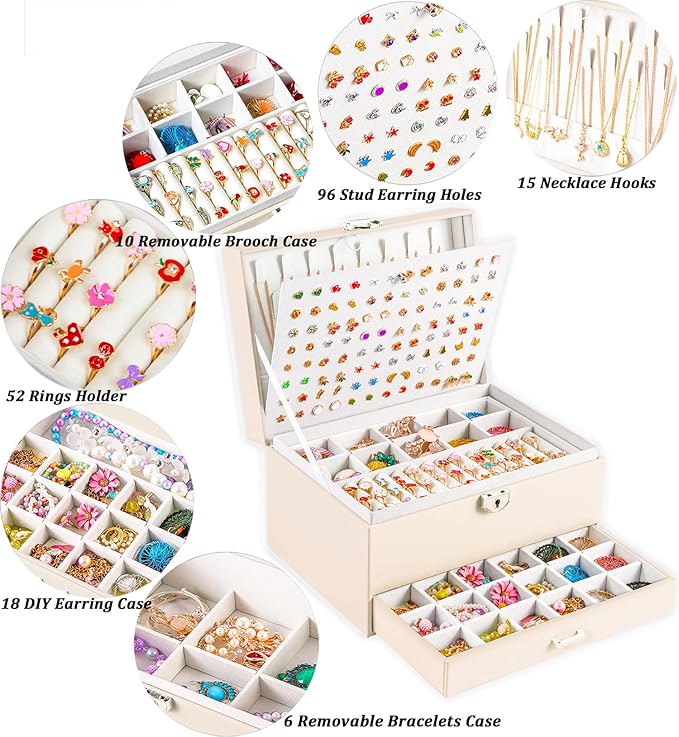 Earrings Jewelry Box for Girls, 5 Layers Jewelry Organizer with Earring Holder Organizer for Girls Earring Organizer Jewelry Boxes for Women Earrings and Necklaces Jewelry Box Organizer Beige