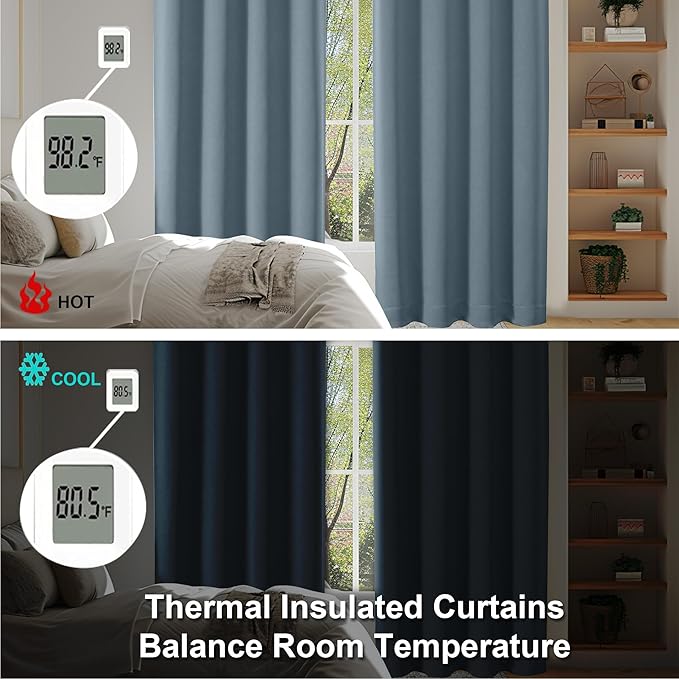Simplebrand Ava Stone Blue Blackout Curtains for Bedroom 72 Inch Length 2 Panels, Privacy Thermal Insulated Rod Pocket Door Window Curtains for Patio French Door Front Door, W40 x L72 Inch, Stone Blue