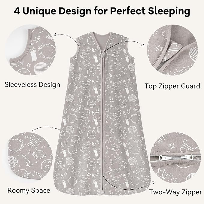 Baby Sleep Sack 0-6 Months 3 Pack 100% Cotton Lightweight 0.5 TOG Wearable Blanket Baby Sleep Bag with 2-Way Zipper for Newborn Infant White Gray Blue Space