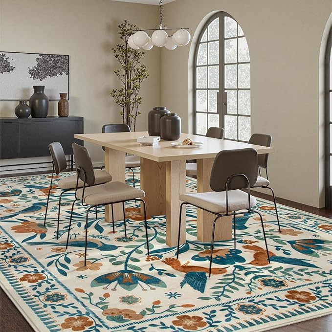 Moynesa Boho Bird 9x12 Area Rug Washable 9x12 Rugs for Living Room, Large Floral Bedroom Carpet Low-Pile Soft Animal Playroom Rug, Jungle Pattern Indoor Carpet for Dining Room Nursery