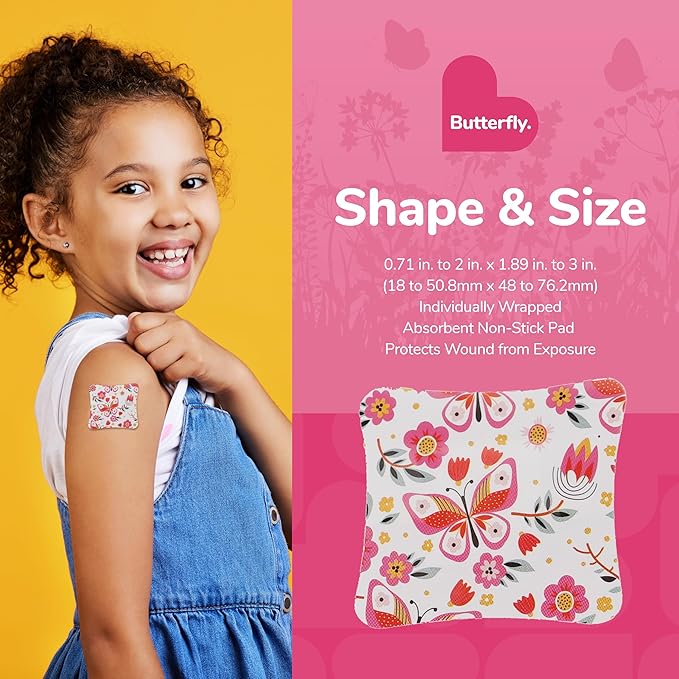 BioSwiss Bandages, Assorted Size Butterfly Print Self Adhesive Bandage, Latex Free Sterile Wound Care, First Aid Kit Supplies for Kids and Adults, 60 Count