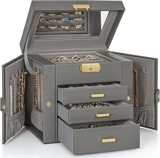 AKOZLIN 4-Tier Jewelry Box Leather Jewelry Storage Organizer with 3 Drawers Lockable for Women Girls Ring Necklace Earring Bracelet Holder with Mirror Dark Grey