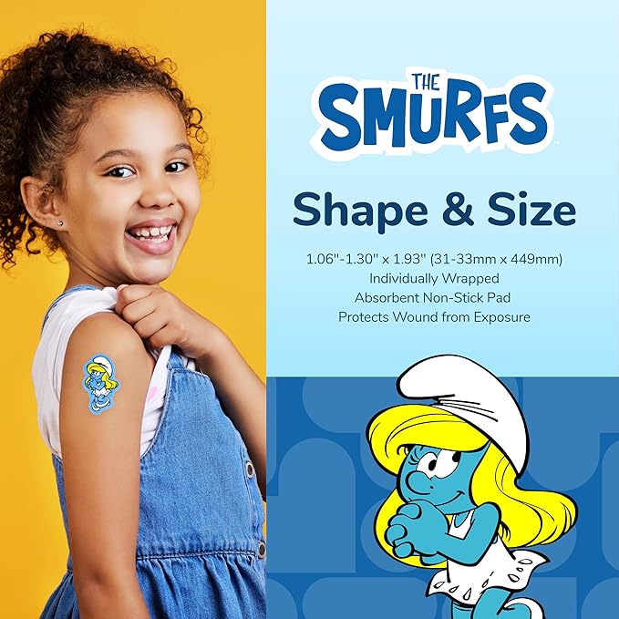 BioSwiss Bandages, The Smurfs Classic Shaped Self Adhesive Bandage, Latex Free Sterile Wound Care, Fun First Aid Kit Supplies for Kids and Adults, 50 Count Plastic Case