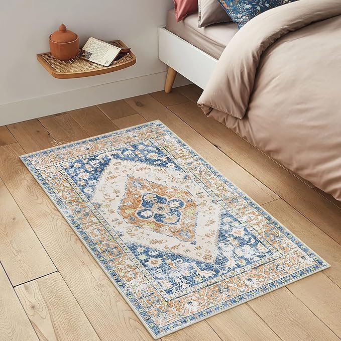 Lahome Boho Small Entryway Rug - 2x3 Non-Slip Washable Rugs for Kitchen Oriental Throw Ultra-Thin Area Rugs for Bedroom Accent Distressed Blue Floor Doormat Carpet for Bathroom Laundry Living Room