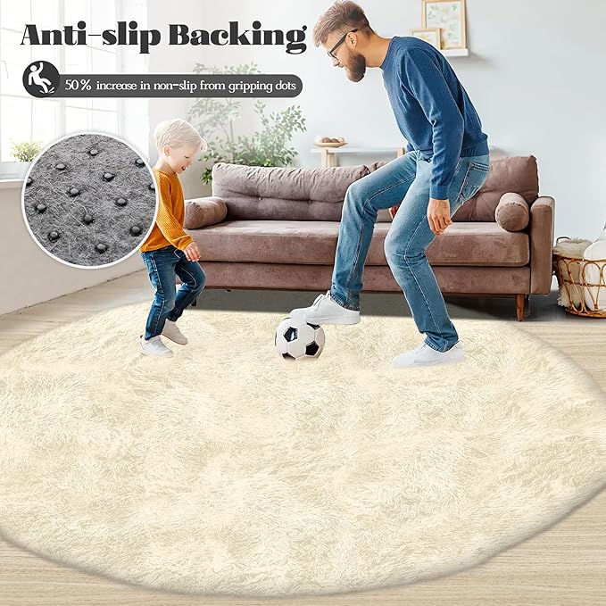 4FT Round Rug for Bedroom: Fluffy Shag Soft Washable Rugs Circle Small Fuzzy Plush Indoor Carpet for Living Room Nursery Playroom Dorm Kids Girls Boys Room (Cream White, 4'x4')