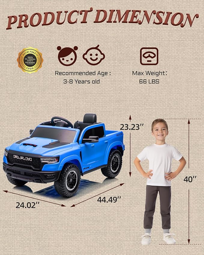 12V Kids Electric Vehicles, Licensed Ram 1500 RHO Kids Ride on Truck with Remote Control, Ride on Car for Children with Smooth Start, Truck Bed Storage, Bluetooth, Aux Port (Blue)