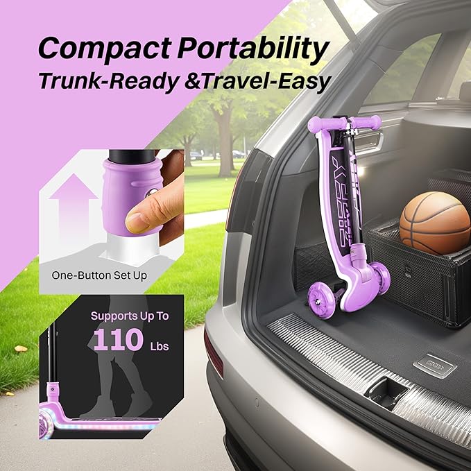 ZIFFY 3-Wheel Light-Up Kids Scooter, Kids Balance Scooter for Boys Girls with 20 Dynamic LED Lights, 4 Adjustable Height, Lean-to-Steer Design with Anti-Slip Wide Surface for Stability - Up to 110LBS